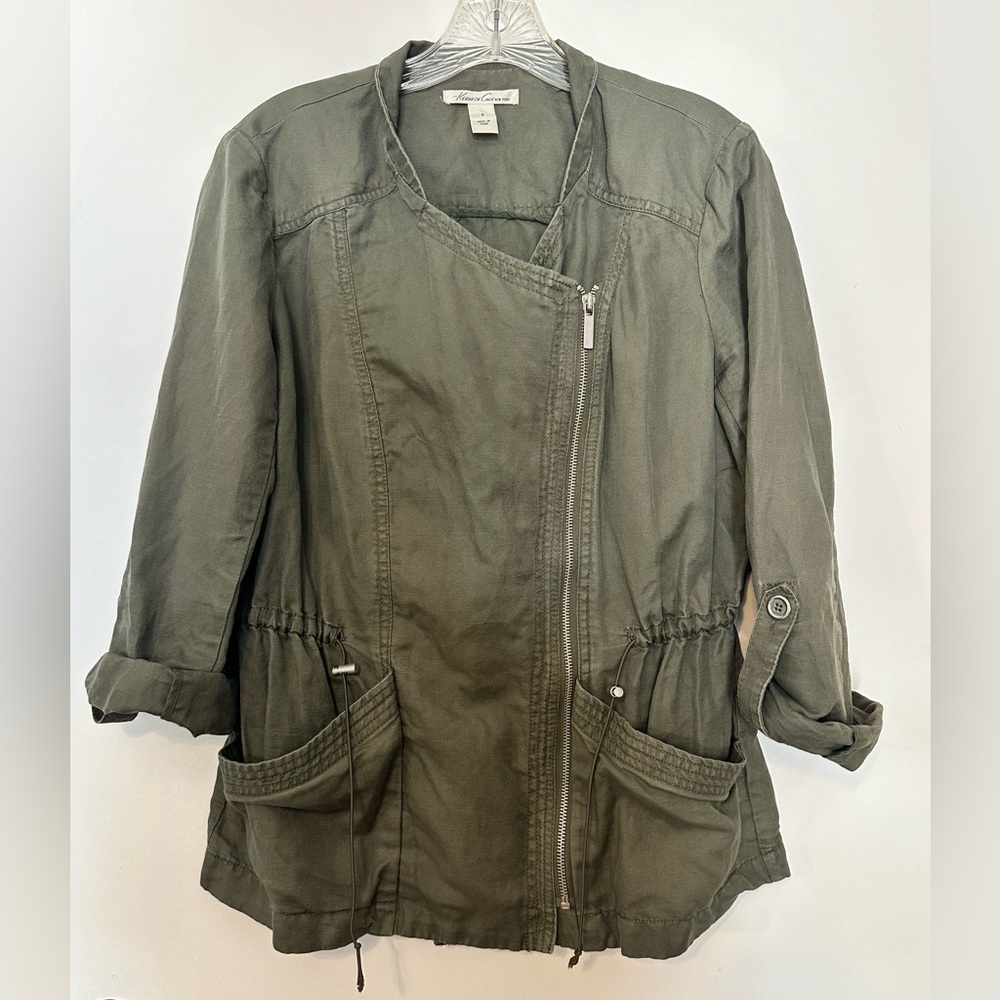 Kenneth Cole Army Green Zip Up Cinched Waist Overlap Front Linen Cotton Sz SM
